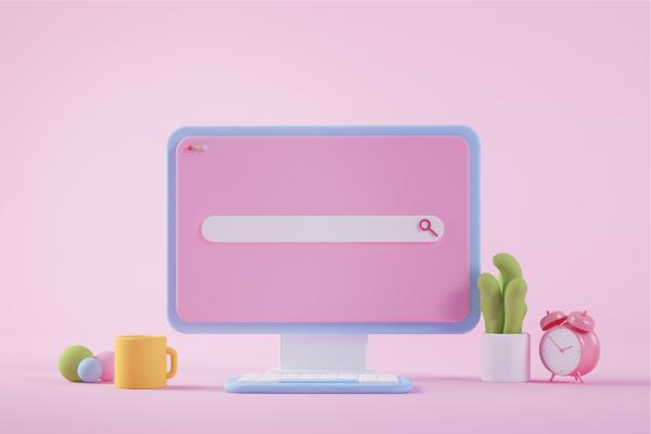 A pink search engine idles on a screen