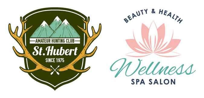 Images of a dark green and tan logo for a hunting club compared with a logo featuring softer colors of pale pink and aqua for a spa salon.