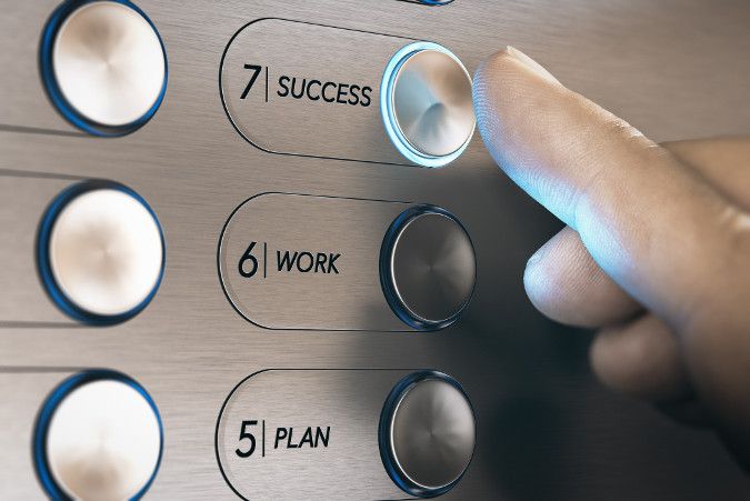 The buttons on an elevator are labeled Plan, Work, and Success, and a finger is pressing the Success button.