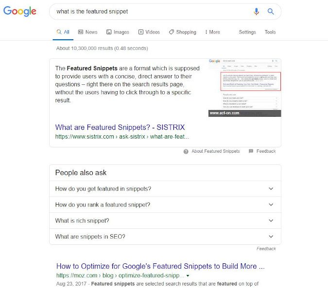 Image of a Google search engine results page with a featured snippet.