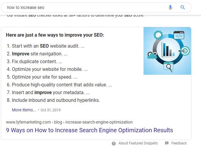 An image showing a featured snippet on Google’s display for the search “how to increase SEO.”