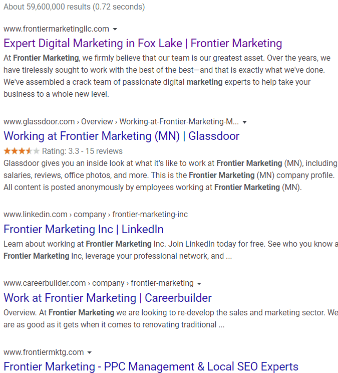 An image showing Google’s results for the search “Frontier Marketing LLC” after the change in layout.
