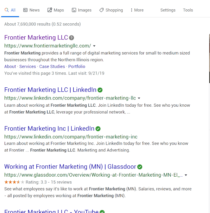 An image showing Google's results for the search "Frontier Marketing LLC" before the new layout launched.