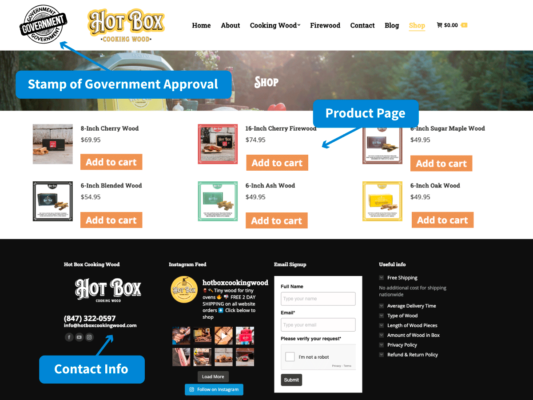 A web page that’s been approved by the government, has examples of products and contact information. 