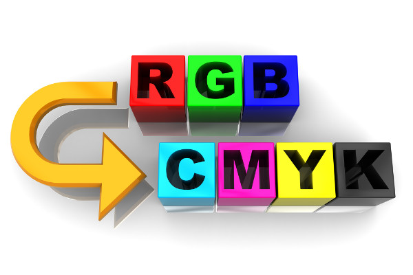 An image showing the letters RGB with an arrow pointing to the letters CMYK to signal a conversion. 