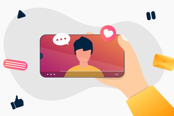 A graphic image showing a small business owner speaking as a live video on a mobile device. 