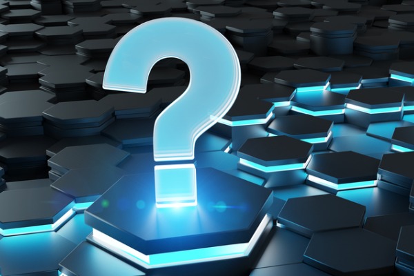 A graphic showing a blue question mark surrounded by black hexagons. 