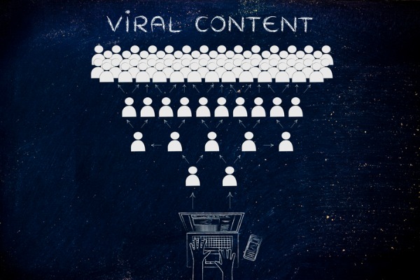 An image showing a laptop sharing content with one person who then shares it to many people. 